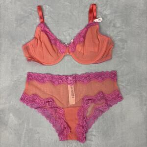 Victorias Secret 36C Tease Mesh Unlined Bra & Medium Cheeky Panty Set Melon Pink